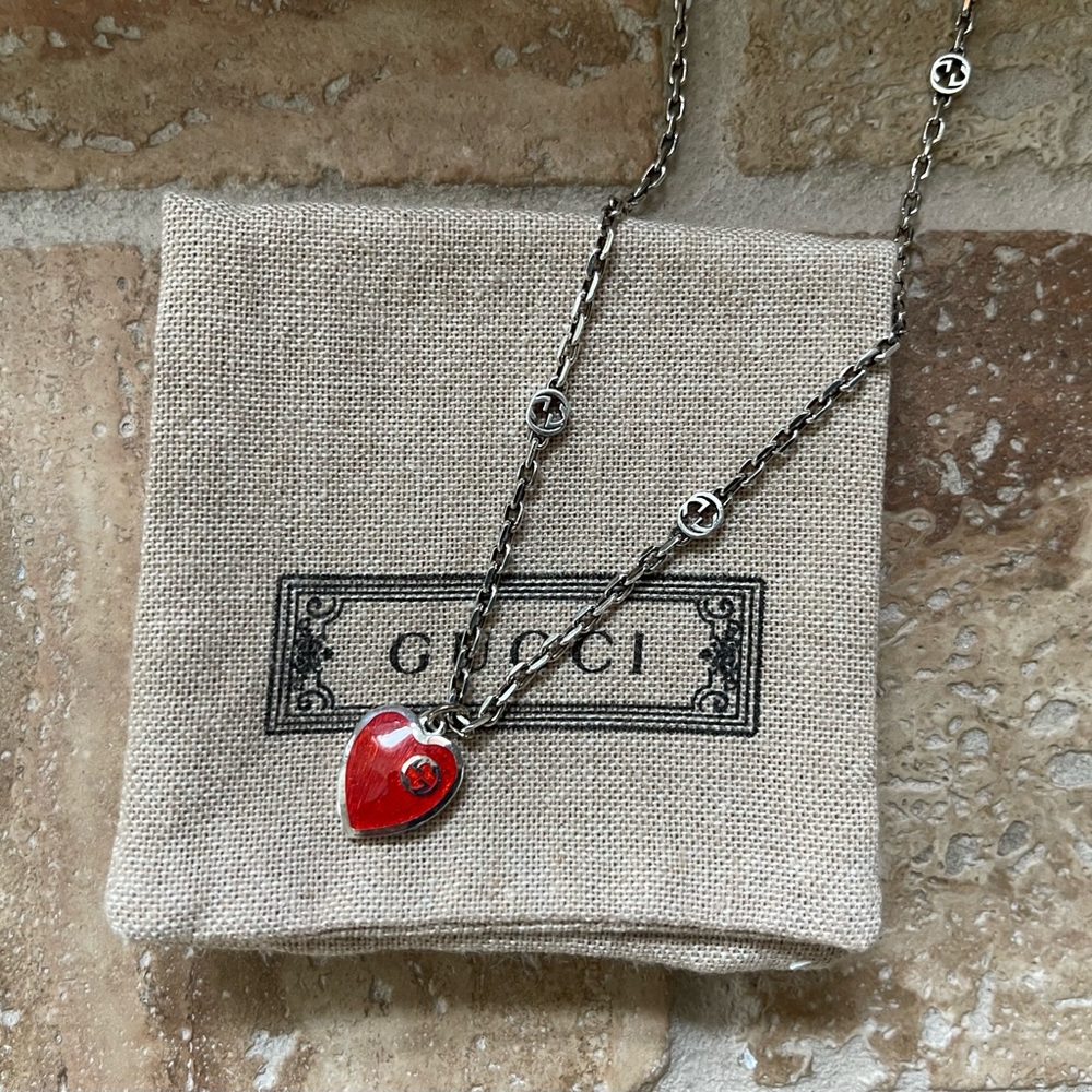 Gucci GG Hearts Sterling Silver & Enamel Pendant Necklace